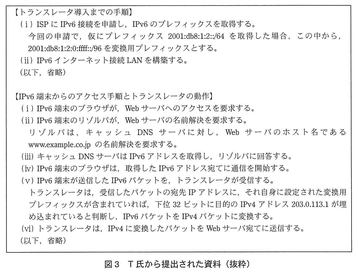 【トランスレータ導入までの手順】(ⅰ) ISP に IPv6 接続を申請し，IPv6 のプレフィックスを取得する。今回の申請で，仮にプレフィックス 2001:db8:1:2::/64 を取得した場合，この中から，2001:db8:1:2:0:ffff::/96 を変換用プレフィックスとする。(ⅱ) IPv6 インターネット接続 LAN を構築する。（以下，省略）【IPv6 端末からのアクセス手順とトランスレータの動作】(ⅰ) IPv6 端末のブラウザが，Web サーバへのアクセスを要求する。(ⅱ) IPv6 端末のリゾルバが，Web サーバの名前解決を要求する。リゾルバは，キャッシュ DNS サーバに対し，Web サーバのホスト名である www.example.co.jp の名前解決を要求する。(ⅲ) キャッシュ DNS サーバは IPv6 アドレスを取得し，リゾルバに回答する。(ⅳ) IPv6 端末のブラウザは，取得した IPv6 アドレス宛てに通信を開始する。(ⅴ) IPv6 端末が送信した IPv6 パケットを，トランスレータが受信する。トランスレータは，受信したパケットの宛先 IP アドレスに，それ自身に設定された変換用プレフィックスが含まれていれば，下位 32 ビットに目的の IPv4 アドレス 203.0.113.1 が埋め込まれていると判断し，IPv6 パケットを IPv4 パケットに変換する。(ⅵ) トランスレータは，IPv4 に変換したパケットを Web サーバ宛てに送信する。（以下，省略）