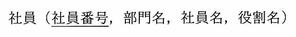 社員（社員番号，部門名，社員名，役割名）。社員番号に実線の下線が引かれている。