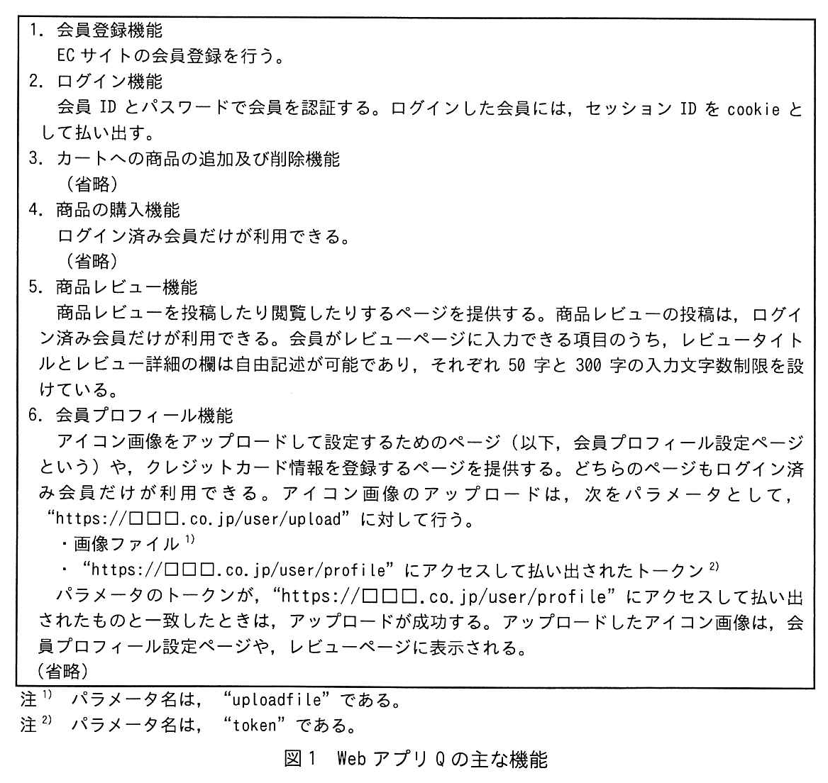 枠で囲んだ機能の一覧。1. 会員登録機能：EC サイトの会員登録を行う。2. ログイン機能：会員 ID とパスワードで会員を認証する。ログインした会員には，セッション ID を cookie として払い出す。3. カートへの商品の追加及び削除機能：（省略）。4. 商品の購入機能：ログイン済み会員だけが利用できる。（省略）。5. 商品レビュー機能：商品レビューを投稿したり閲覧したりするページを提供する。商品レビューの投稿は，ログイン済み会員だけが利用できる。会員がレビューページに入力できる項目のうち，レビュータイトルとレビュー詳細の欄は自由記述が可能であり，それぞれ 50 字と 300 字の入力文字数制限を設けている。6. 会員プロフィール機能：アイコン画像をアップロードして設定するためのページ（以下，会員プロフィール設定ページという）や，クレジットカード情報を登録するページを提供する。どちらのページもログイン済み会員だけが利用できる。アイコン画像のアップロードは，次をパラメータとして，“https://□□□.co.jp/user/upload”に対して行う。・画像ファイル 注1)，・“https://□□□.co.jp/user/profile”にアクセスして払い出されたトークン 注2)。パラメータのトークンが，“https://□□□.co.jp/user/profile”にアクセスして払い出されたものと一致したときは，アップロードが成功する。アップロードしたアイコン画像は，会員プロフィール設定ページや，レビューページに表示される。（省略）。注1) パラメータ名は，“uploadfile”である。注2) パラメータ名は，“token”である。