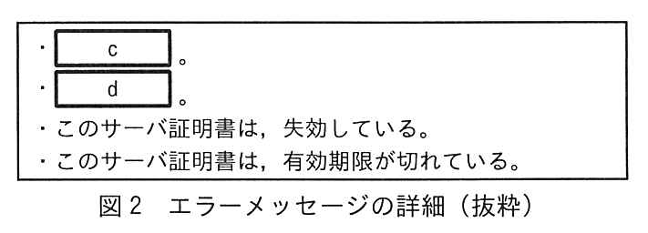 枠で囲んだエラーメッセージの詳細の箇条（4項目）。・［ c ］。・［ d ］。・このサーバ証明書は，失効している。・このサーバ証明書は，有効期限が切れている。