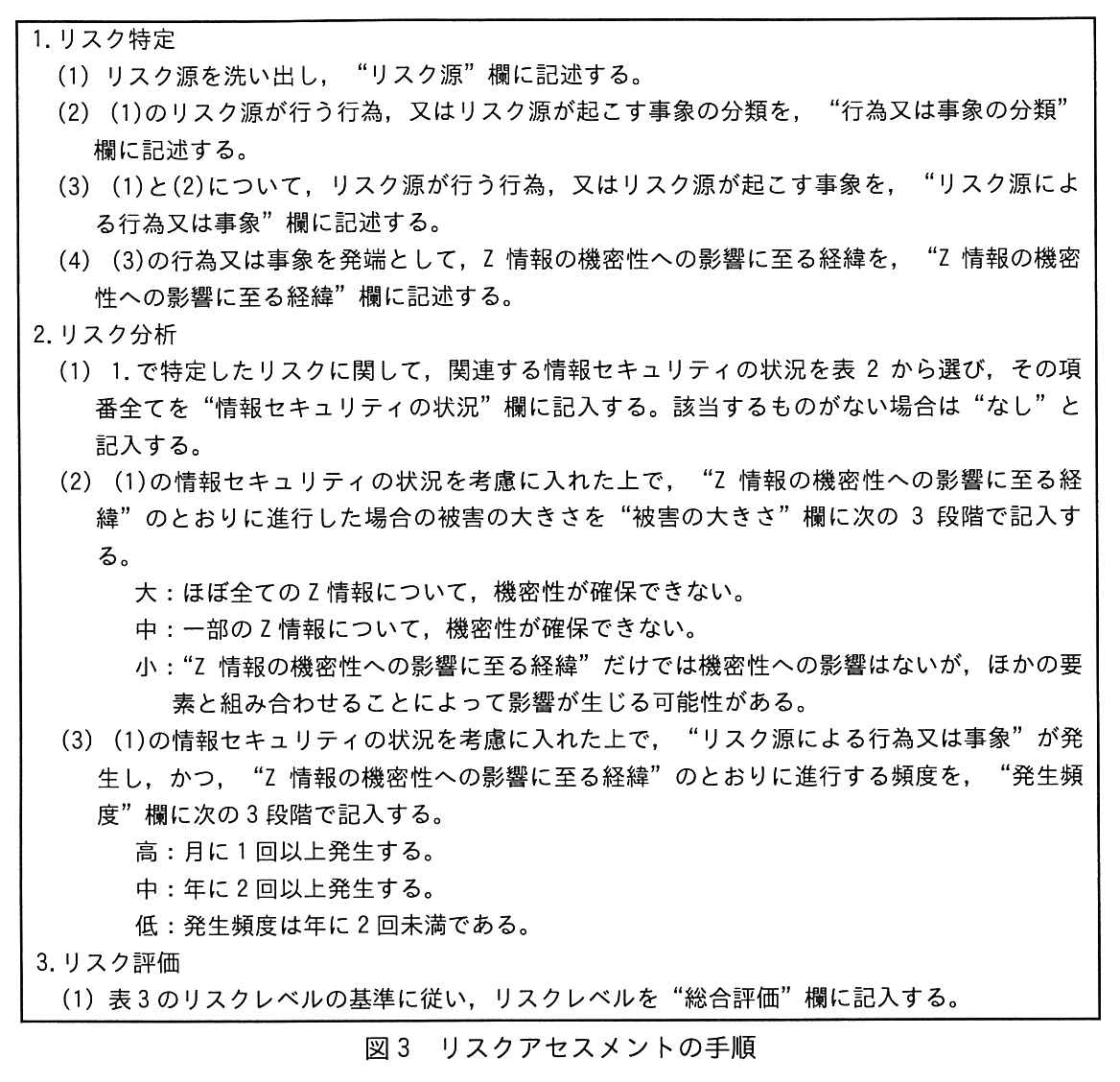 枠で囲んだ手順。1. リスク特定。(1) リスク源を洗い出し，“リスク源”欄に記述する。(2) (1)のリスク源が行う行為，又はリスク源が起こす事象の分類を，“行為又は事象の分類”欄に記述する。(3) (1)と(2)について，リスク源が行う行為，又はリスク源が起こす事象を，“リスク源による行為又は事象”欄に記述する。(4) (3)の行為又は事象を発端として，Z 情報の機密性への影響に至る経緯を，“Z 情報の機密性への影響に至る経緯”欄に記述する。2. リスク分析。(1) 1. で特定したリスクに関して，関連する情報セキュリティの状況を表2から選び，その項番全てを“情報セキュリティの状況”欄に記入する。該当するものがない場合は“なし”と記入する。(2) (1)の情報セキュリティの状況を考慮に入れた上で，“Z 情報の機密性への影響に至る経緯”のとおりに進行した場合の被害の大きさを“被害の大きさ”欄に次の 3 段階で記入する。大：ほぼ全ての Z 情報について，機密性が確保できない。中：一部の Z 情報について，機密性が確保できない。小：“Z 情報の機密性への影響に至る経緯”だけでは機密性への影響はないが，ほかの要素と組み合わせることによって影響が生じる可能性がある。(3) (1)の情報セキュリティの状況を考慮に入れた上で，“リスク源による行為又は事象”が発生し，かつ，“Z 情報の機密性への影響に至る経緯”のとおりに進行する頻度を，“発生頻度”欄に次の 3 段階で記入する。高：月に 1 回以上発生する。中：年に 2 回以上発生する。低：発生頻度は年に 2 回未満である。3. リスク評価。(1) 表3のリスクレベルの基準に従い，リスクレベルを“総合評価”欄に記入する。