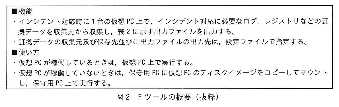 枠で囲んだ F ツールの概要。■機能：・インシデント対応時に 1 台の仮想 PC 上で，インシデント対応に必要なログ，レジストリなどの証拠データを収集元から収集し，表2に示す出力ファイルを出力する。・証拠データの収集元及び保存先並びに出力ファイルの出力先は，設定ファイルで指定する。■使い方：・仮想 PC が稼働しているときは，仮想 PC 上で実行する。・仮想 PC が稼働していないときは，保守用 PC に仮想 PC のディスクイメージをコピーしてマウントし，保守用 PC 上で実行する。