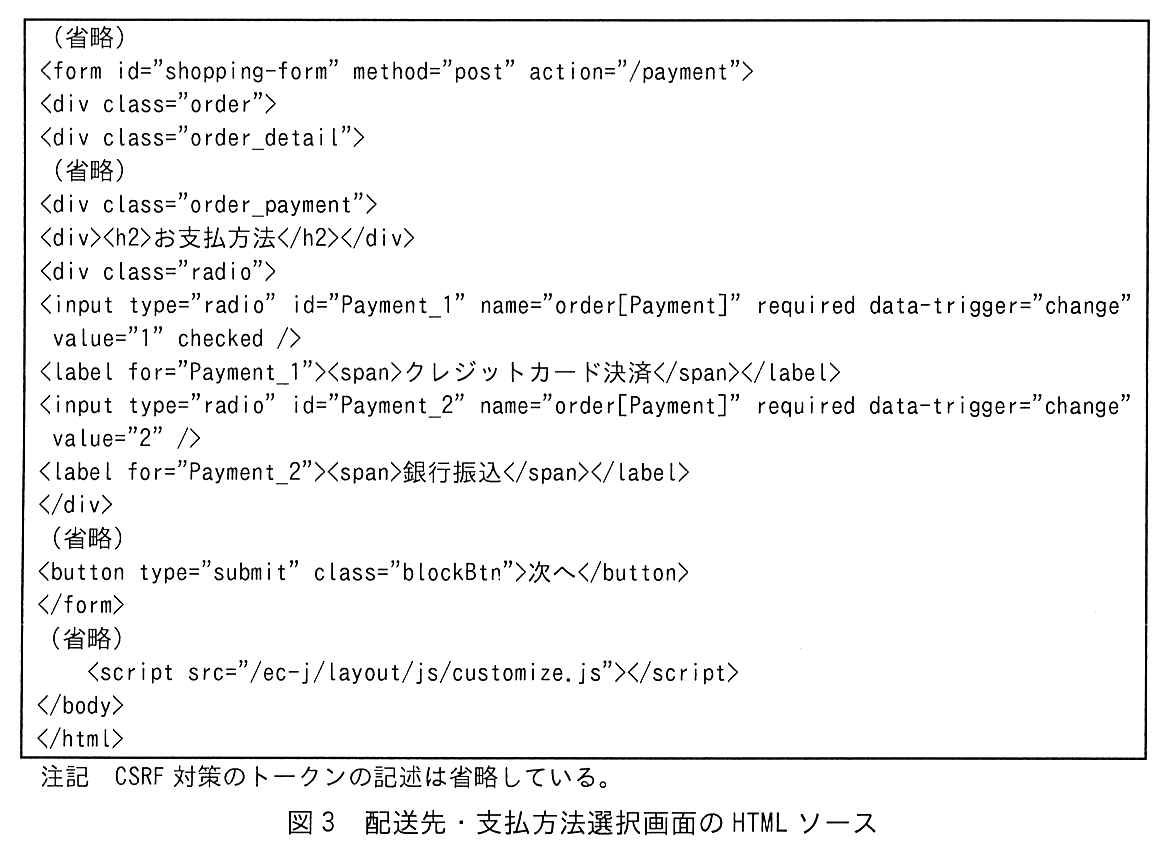 枠で囲んだ HTML ソース（原本に行番号は無い）。（省略）。<form id="shopping-form" method="post" action="/payment">。<div class="order">。<div class="order_detail">。（省略）。<div class="order_payment">。<div><h2>お支払方法</h2></div>。<div class="radio">。<input type="radio" id="Payment_1" name="order[Payment]" required data-trigger="change" value="1" checked />（原本では2行に折り返している）。<label for="Payment_1"><span>クレジットカード決済</span></label>。<input type="radio" id="Payment_2" name="order[Payment]" required data-trigger="change" value="2" />（原本では2行に折り返している）。<label for="Payment_2"><span>銀行振込</span></label>。</div>。（省略）。<button type="submit" class="blockBtn">次へ</button>。</form>。（省略）。<script src="/ec-j/layout/js/customize.js"></script>。</body>。</html>。注記 CSRF 対策のトークンの記述は省略している。