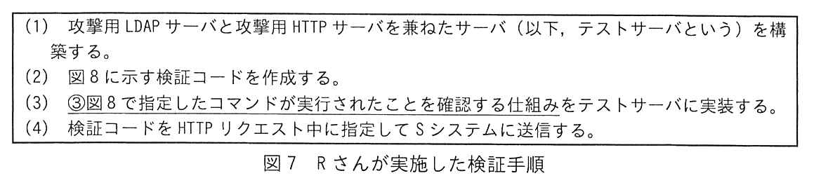 枠で囲んだ手順。(1) 攻撃用 LDAP サーバと攻撃用 HTTP サーバを兼ねたサーバ（以下，テストサーバという）を構築する。(2) 図8に示す検証コードを作成する。(3) ③図8で指定したコマンドが実行されたことを確認する仕組みをテストサーバに実装する。（“図8で指定したコマンドが実行されたことを確認する仕組み”に下線③が付いている）(4) 検証コードを HTTP リクエスト中に指定して S システムに送信する。