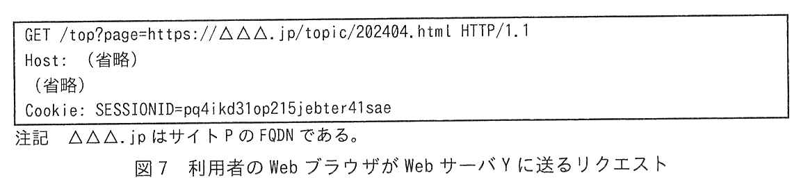 枠で囲んだリクエスト。
GET /top?page=https://△△△.jp/topic/202404.html HTTP/1.1
Host: （省略）
（省略）
Cookie: SESSIONID=pq4ikd31op215jebter41sae
注記 △△△.jp はサイト P の FQDN である。