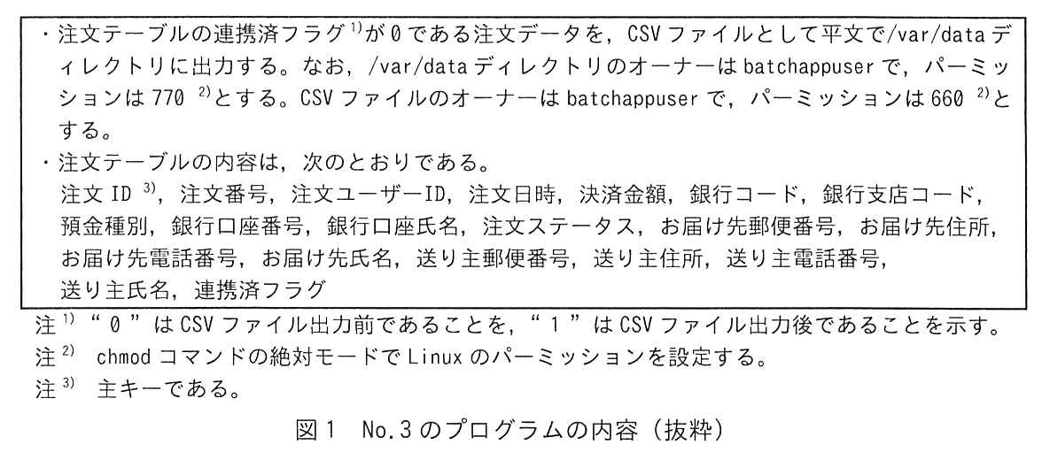 枠で囲んだ説明。・注文テーブルの連携済フラグ 1) が0である注文データを，CSV ファイルとして平文で/var/data ディレクトリに出力する。なお，/var/data ディレクトリのオーナーは batchappuser で，パーミッションは770 2) とする。CSV ファイルのオーナーは batchappuser で，パーミッションは660 2) とする。・注文テーブルの内容は，次のとおりである。注文 ID 3)，注文番号，注文ユーザーID，注文日時，決済金額，銀行コード，銀行支店コード，預金種別，銀行口座番号，銀行口座氏名，注文ステータス，お届け先郵便番号，お届け先住所，お届け先電話番号，お届け先氏名，送り主郵便番号，送り主住所，送り主電話番号，送り主氏名，連携済フラグ。注 1) “0”は CSV ファイル出力前であることを，“1”は CSV ファイル出力後であることを示す。注 2) chmod コマンドの絶対モードで Linux のパーミッションを設定する。注 3) 主キーである。