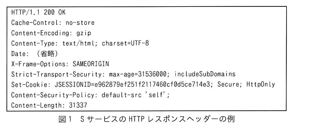 枠で囲んだ HTTP レスポンスヘッダー（全10行。原本に行番号は無い）。1行目 HTTP/1.1 200 OK。2行目 Cache-Control: no-store。3行目 Content-Encoding: gzip。4行目 Content-Type: text/html; charset=UTF-8。5行目 Date: （省略）。6行目 X-Frame-Options: SAMEORIGIN。7行目 Strict-Transport-Security: max-age=31536000; includeSubDomains。8行目 Set-Cookie: JSESSIONID=e962879ef251f2117460cf0d5ce714e3; Secure; HttpOnly。9行目 Content-Security-Policy: default-src 'self';。10行目 Content-Length: 31337。
