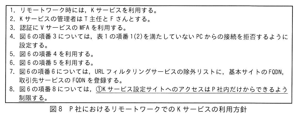 枠で囲んだ方針。1. リモートワーク時には，K サービスを利用する。2. K サービスの管理者は T 主任と F さんとする。3. 認証に V サービスの MFA を利用する。4. 図6の項番 3 については，表1の項番 1(2)を満たしていない PC からの接続を拒否するように設定する。5. 図6の項番 4 を利用する。6. 図6の項番 5 を利用する。7. 図6の項番 6 については，URL フィルタリングサービスの除外リストに，基本サイトの FQDN，取引先サービスの FQDN を登録する。8. 図6の項番 8 については，①K サービス設定サイトへのアクセスは P 社内だけからできるよう制限する（“①K サービス設定サイトへのアクセスは P 社内だけからできるよう制限する”に下線①が付いている）。