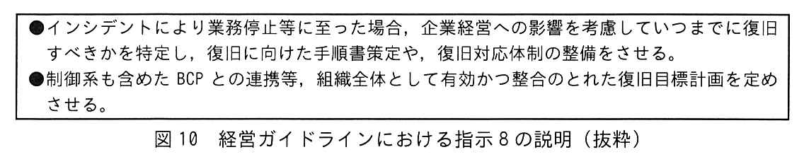 枠で囲んだ2項目。●インシデントにより業務停止等に至った場合，企業経営への影響を考慮していつまでに復旧すべきかを特定し，復旧に向けた手順書策定や，復旧対応体制の整備をさせる。●制御系も含めた BCP との連携等，組織全体として有効かつ整合のとれた復旧目標計画を定めさせる。