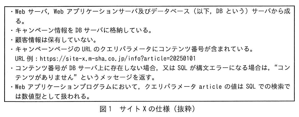 箇条書き。・Web サーバ，Web アプリケーションサーバ及びデータベース（以下，DB という）サーバから成る。・キャンペーン情報を DB サーバに格納している。・顧客情報は保有していない。・キャンペーンページの URL のクエリパラメータにコンテンツ番号が含まれている。URL 例：https://site-x.m-sha.co.jp/info?article=20250101・コンテンツ番号が DB サーバ上に存在しない場合，又は SQL が構文エラーになる場合は，“コンテンツがありません”というメッセージを返す。・Web アプリケーションプログラムにおいて，クエリパラメータ article の値は SQL での検索では数値型として扱われる。