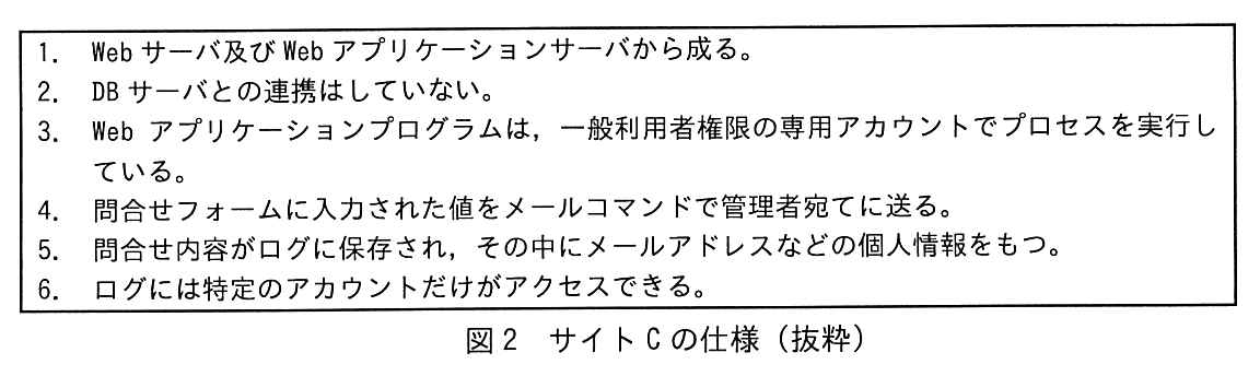 番号付きの箇条書き（1〜6）。1. Web サーバ及び Web アプリケーションサーバから成る。2. DB サーバとの連携はしていない。3. Web アプリケーションプログラムは，一般利用者権限の専用アカウントでプロセスを実行している。4. 問合せフォームに入力された値をメールコマンドで管理者宛てに送る。5. 問合せ内容がログに保存され，その中にメールアドレスなどの個人情報をもつ。6. ログには特定のアカウントだけがアクセスできる。