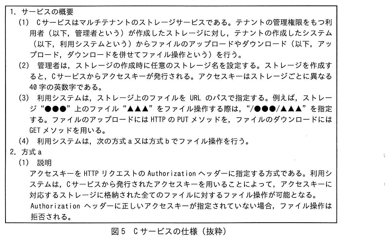1. サービスの概要　(1) C サービスはマルチテナントのストレージサービスである。テナントの管理権限をもつ利用者（以下，管理者という）が作成したストレージに対し，テナントの作成したシステム（以下，利用システムという）からファイルのアップロードやダウンロード（以下，アップロード，ダウンロードを併せてファイル操作という）を行う。(2) 管理者は，ストレージの作成時に任意のストレージ名を設定する。ストレージを作成すると，C サービスからアクセスキーが発行される。アクセスキーはストレージごとに異なる40字の英数字である。(3) 利用システムは，ストレージ上のファイルを URL のパスで指定する。例えば，ストレージ“●●●”上のファイル“▲▲▲”をファイル操作する際は，“/●●●/▲▲▲”を指定する。ファイルのアップロードには HTTP の PUT メソッドを，ファイルのダウンロードには GET メソッドを用いる。(4) 利用システムは，次の方式a又は方式bでファイル操作を行う。2. 方式a　(1) 説明：アクセスキーを HTTP リクエストの Authorization ヘッダーに指定する方式である。利用システムは，C サービスから発行されたアクセスキーを用いることによって，アクセスキーに対応するストレージに格納された全てのファイルに対するファイル操作が可能となる。Authorization ヘッダーに正しいアクセスキーが指定されていない場合，ファイル操作は拒否される。