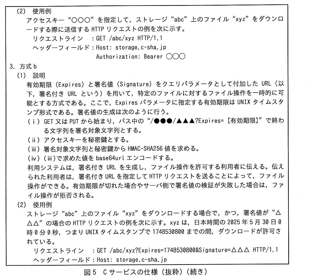 (2) 使用例：アクセスキー“○○○”を指定して，ストレージ“abc”上のファイル“xyz”をダウンロードする際に送信する HTTP リクエストの例を次に示す。リクエストライン：GET /abc/xyz HTTP/1.1　ヘッダーフィールド：Host: storage.c-sha.jp　Authorization: Bearer ○○○。3. 方式b　(1) 説明：有効期限（Expires）と署名値（Signature）をクエリパラメータとして付加した URL（以下，署名付きURLという）を用いて，特定のファイルに対するファイル操作を一時的に可能とする方式である。ここで，Expires パラメータに指定する有効期限は UNIX タイムスタンプ形式である。署名値の生成は次のように行う。（ⅰ）GET又はPUTから始まり，パス中の“/●●●/▲▲▲?Expires=【有効期限】”で終わる文字列を署名対象文字列とする。（ⅱ）アクセスキーを秘密鍵とする。（ⅲ）署名対象文字列と秘密鍵から HMAC-SHA256 値を求める。（ⅳ）（ⅲ）で求めた値を base64url エンコードする。利用システムは，署名付き URL を生成し，ファイル操作を許可する利用者に伝える。伝えられた利用者は，署名付き URL を指定して HTTP リクエストを送ることによって，ファイル操作ができる。有効期限が切れた場合やサーバ側で署名値の検証が失敗した場合は，ファイル操作が拒否される。(2) 使用例：ストレージ“abc”上のファイル“xyz”をダウンロードする場合で，かつ，署名値が“△△△”の場合の HTTP リクエストの例を次に示す。xyz は，日本時間の 2025 年5月 30 日0時0分0秒，つまり UNIX タイムスタンプで 1748530800 までの間，ダウンロードが許可されている。リクエストライン：GET /abc/xyz?Expires=1748530800&Signature=△△△ HTTP/1.1　ヘッダーフィールド：Host: storage.c-sha.jp